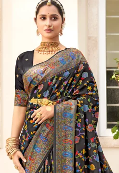 Digital Printed Tussar Silk Saree in Black