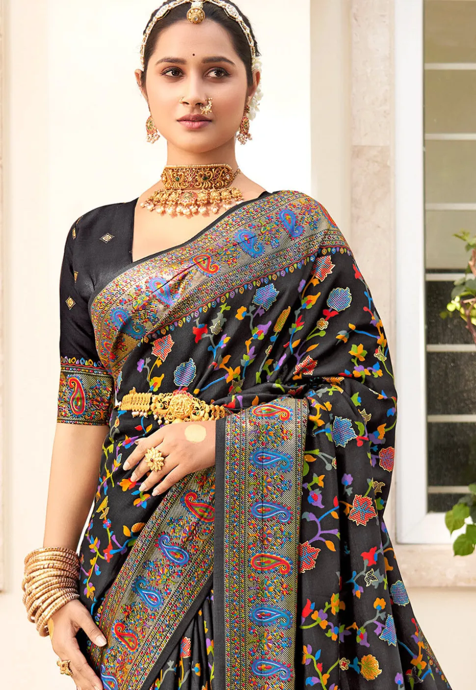 Digital Printed Tussar Silk Saree in Black