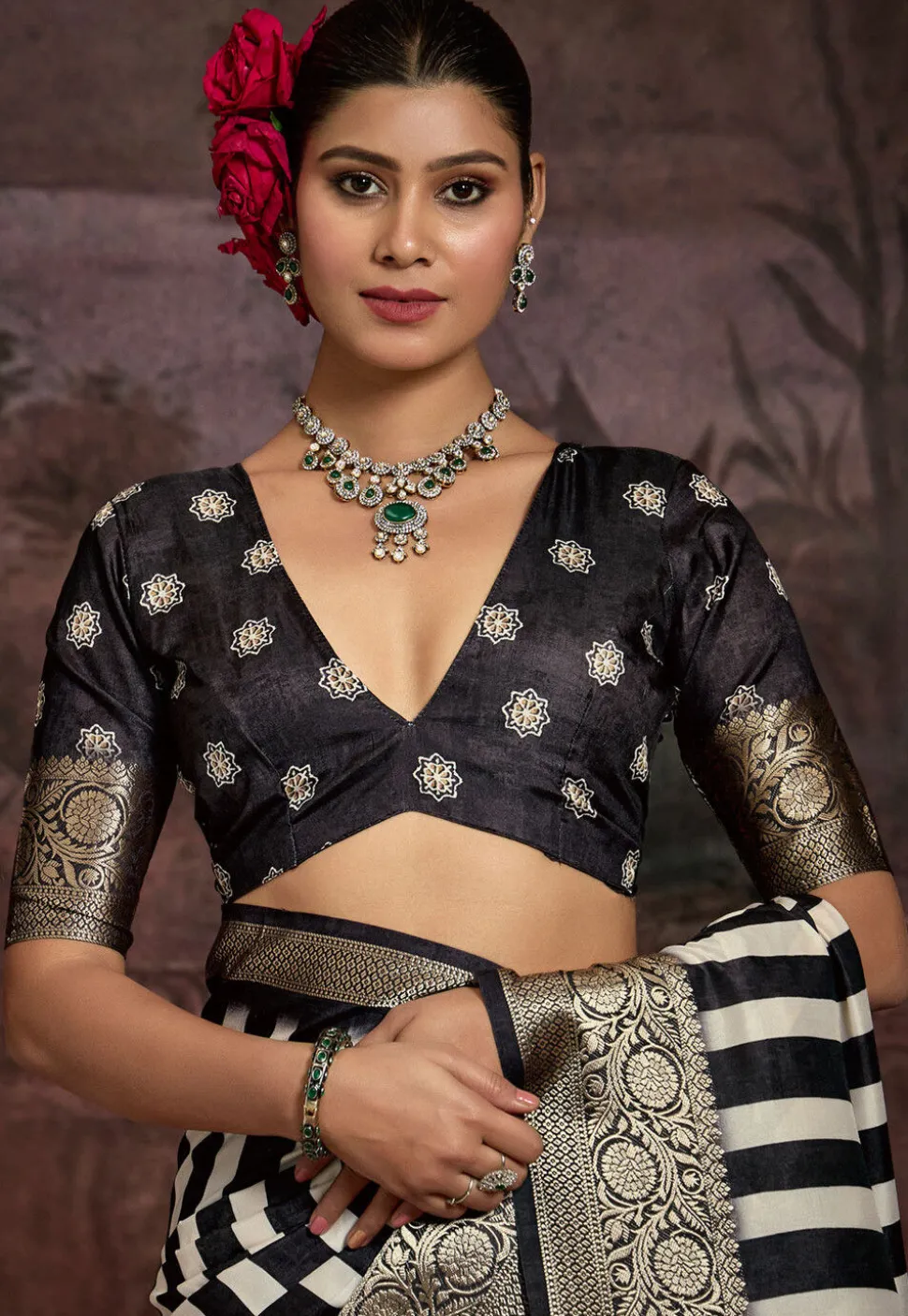 Digital Printed Tussar Silk Saree in Black and White