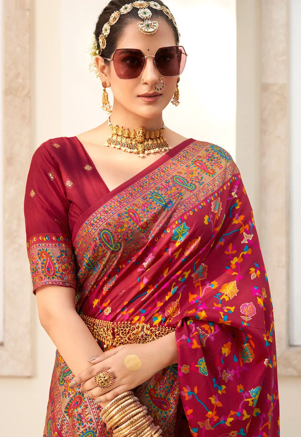 Digital Printed Tussar Silk Saree in Maroon