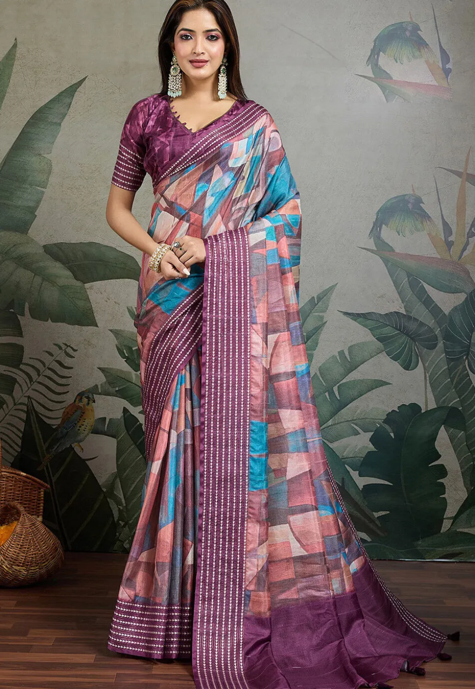Digital Printed Tussar Silk Saree in Multicolor