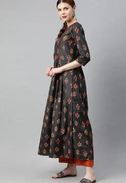 Digital Printed Viscose A Line Kurta in Black