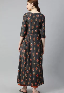 Digital Printed Viscose A Line Kurta in Black