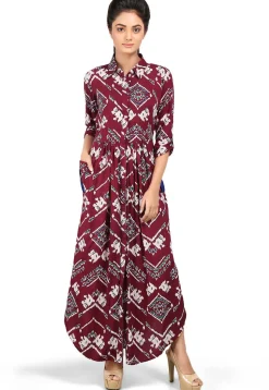 Digital Printed Viscose Dress in Maroon
