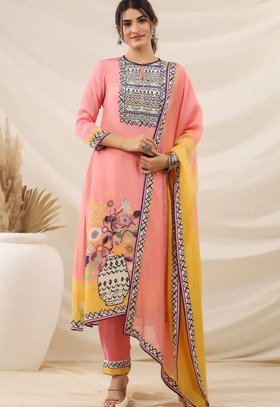 Digital Printed Viscose Georgette Pakistani Suit in Peach