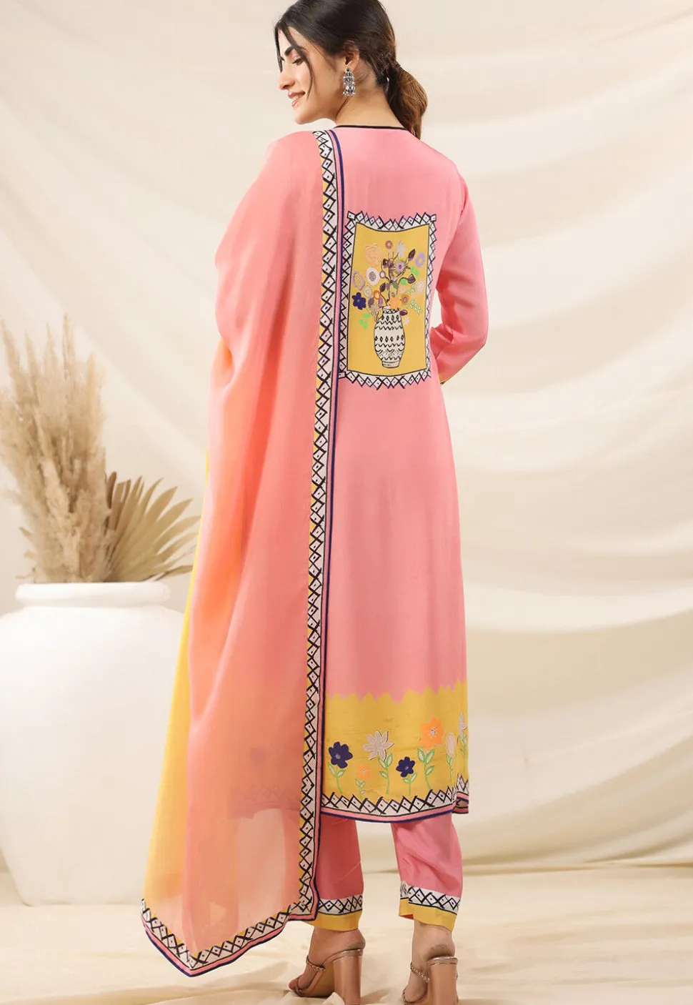 Digital Printed Viscose Georgette Pakistani Suit in Peach