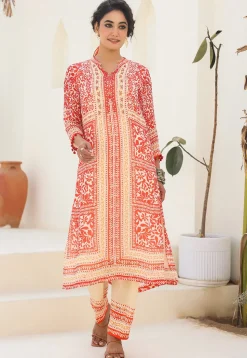 Digital Printed Viscose Georgette A Line Kurta Set in Peach