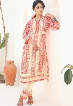 Digital Printed Viscose Georgette A Line Kurta Set in Peach