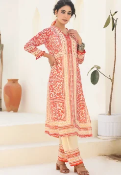 Digital Printed Viscose Georgette A Line Kurta Set in Peach