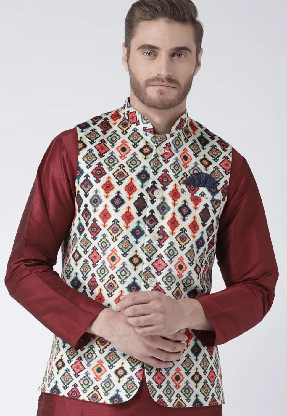 Digital Printed Viscose Nehru Jacket in White