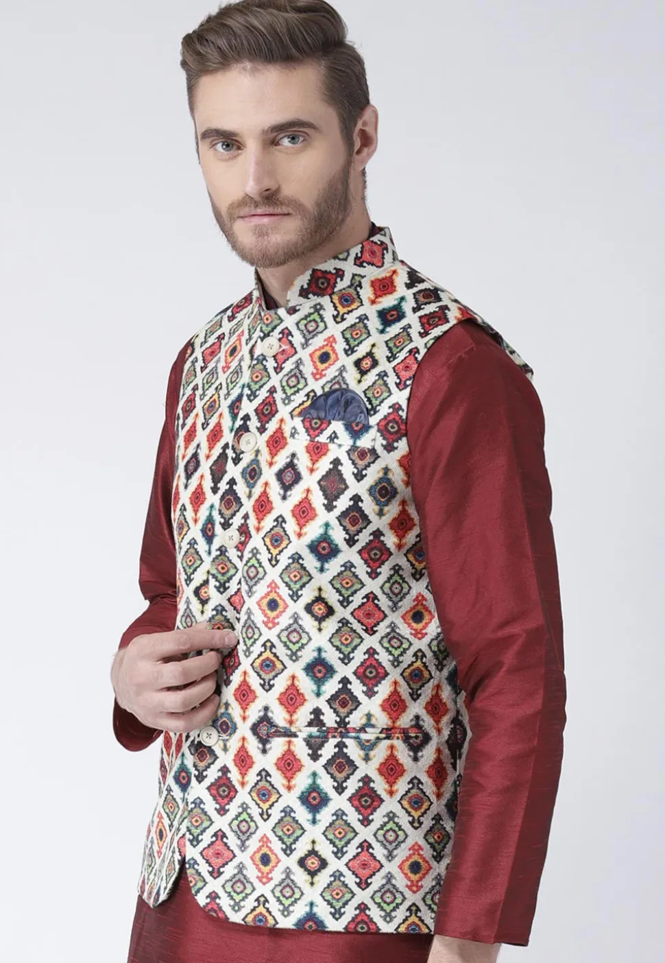 Digital Printed Viscose Nehru Jacket in White