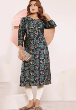 Digital Printed Viscose Rayon Straight Kurta in Navy Blue