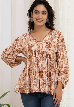 Digital Printed Viscose Rayon A Line Kurti in Cream
