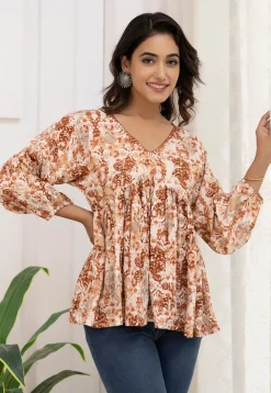 Digital Printed Viscose Rayon A Line Kurti in Cream