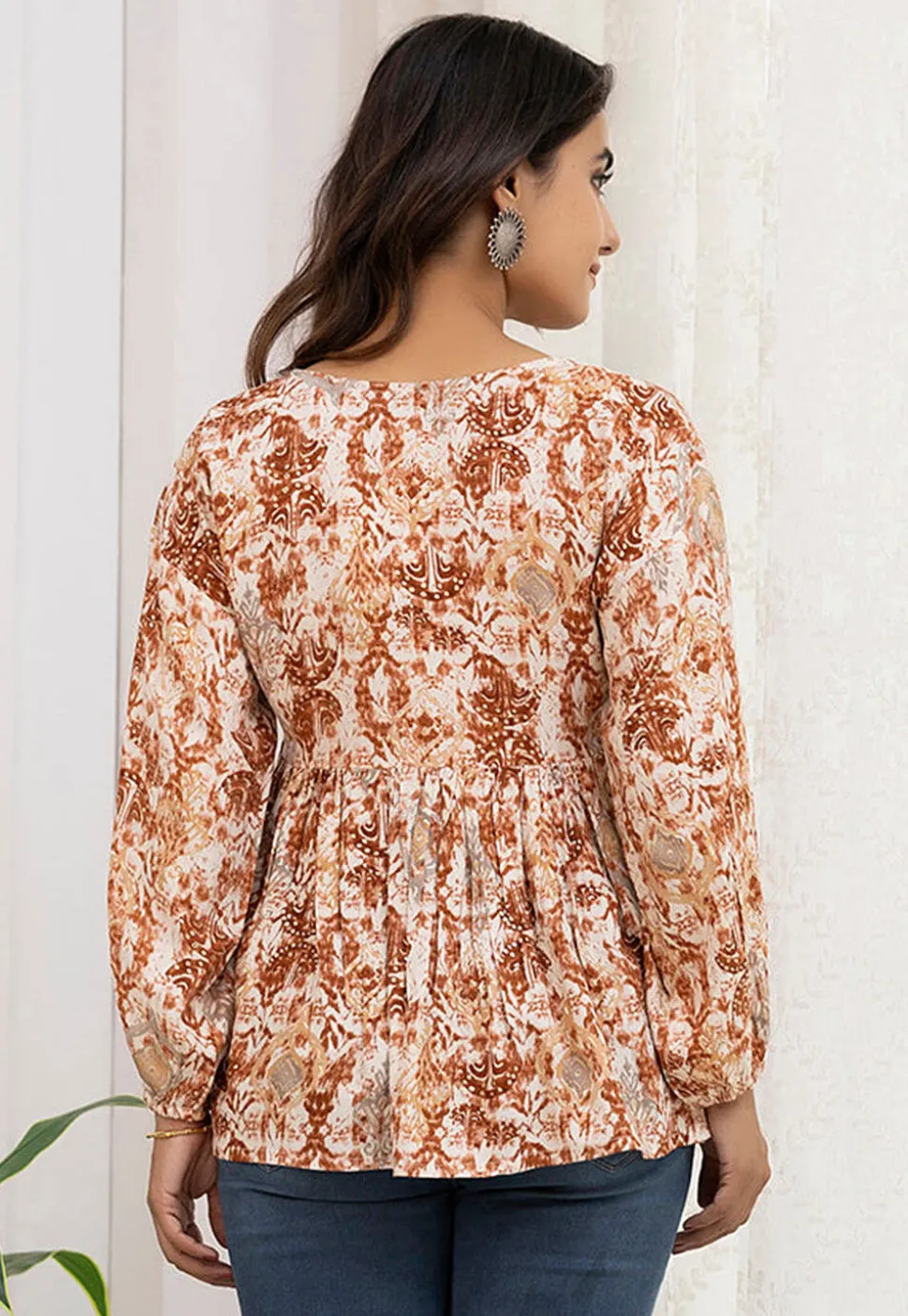 Digital Printed Viscose Rayon A Line Kurti in Cream