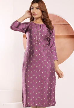 Digital Printed Viscose Silk Straight Kurta in Purple
