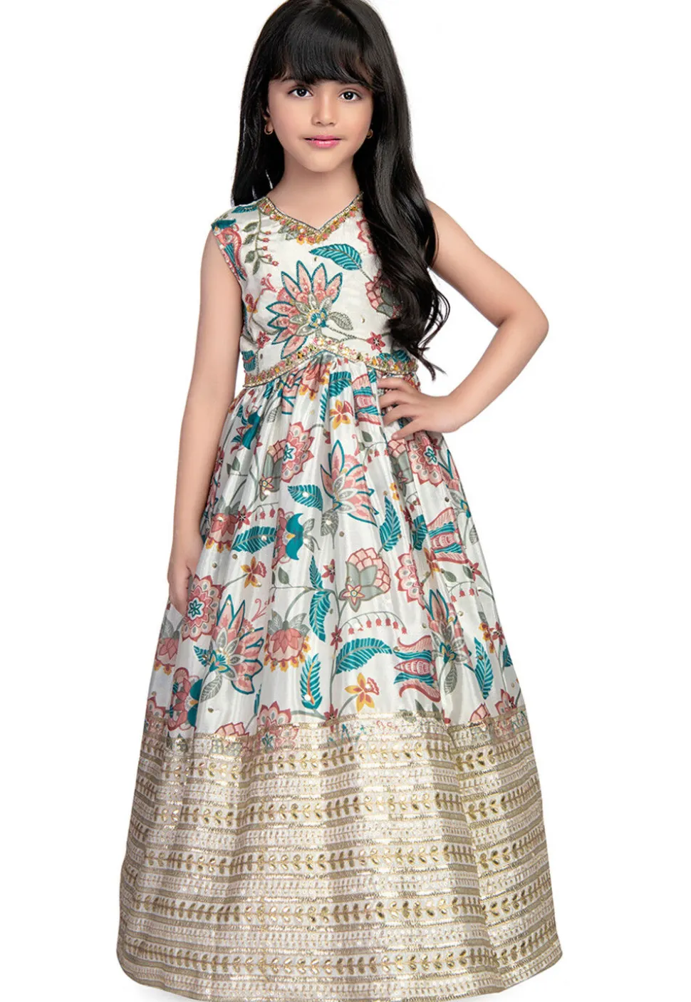 Digital Printed Viscose Silk Gown in Cream