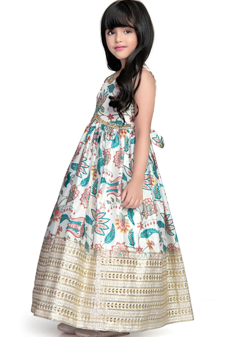 Digital Printed Viscose Silk Gown in Cream