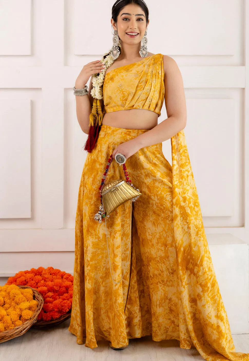 Digital Printed Viscose Silk Crop Top Set in Yellow