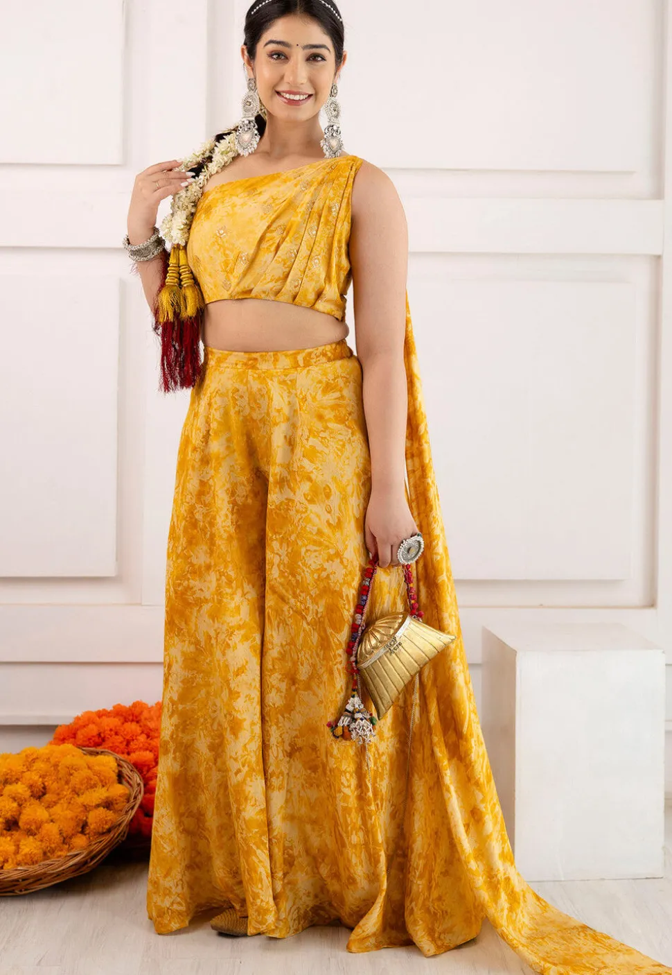Digital Printed Viscose Silk Crop Top Set in Yellow