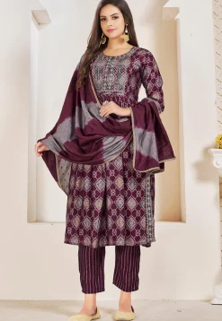 Digital Printed Viscose Silk Pakistani Suit in Wine