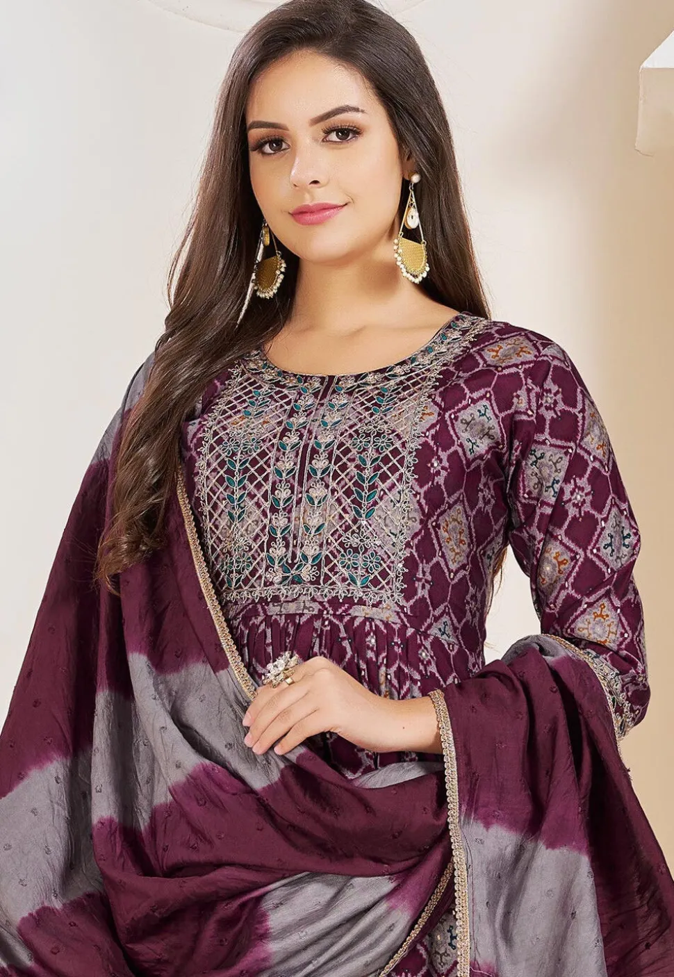 Digital Printed Viscose Silk Pakistani Suit in Wine