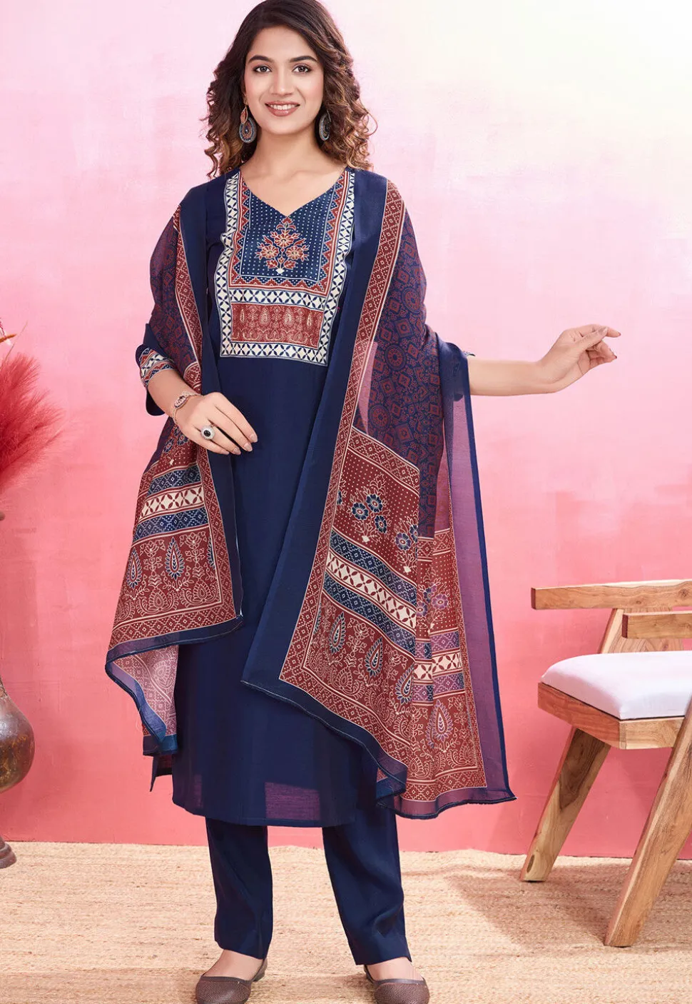 Digital Printed Viscose Silk Pakistani Suit in Navy Blue