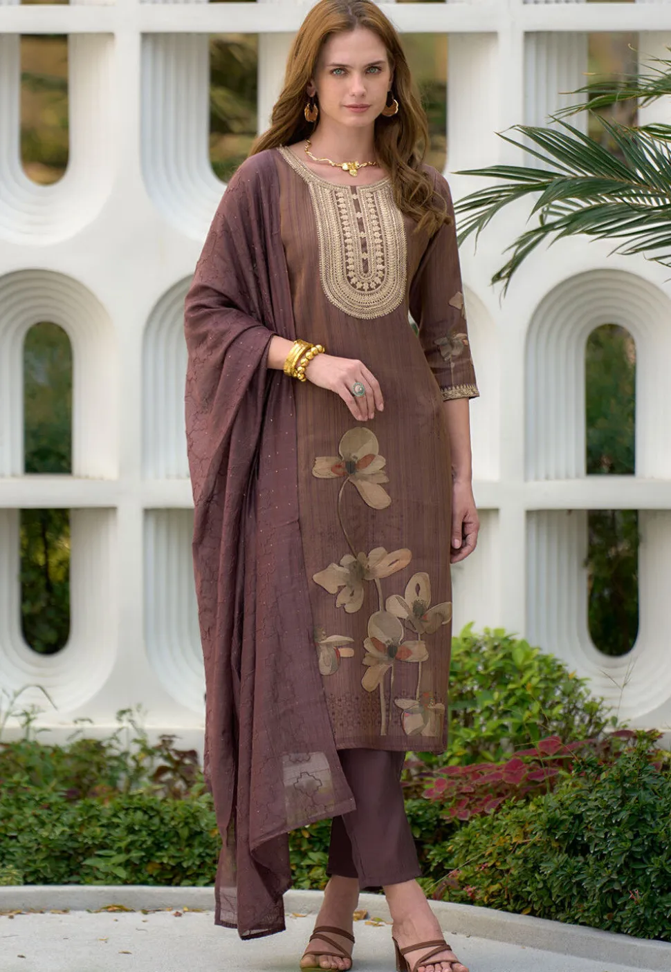 Digital Printed Viscose Silk Pakistani Suit in Brown