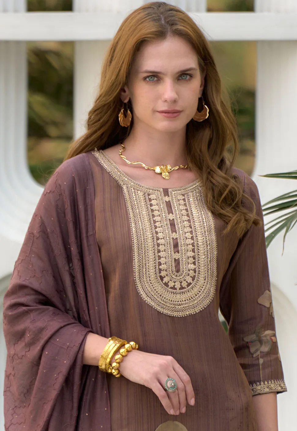 Digital Printed Viscose Silk Pakistani Suit in Brown