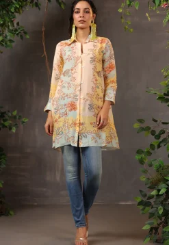 Digital Printed Viscose Silk Tunic in Light Peach