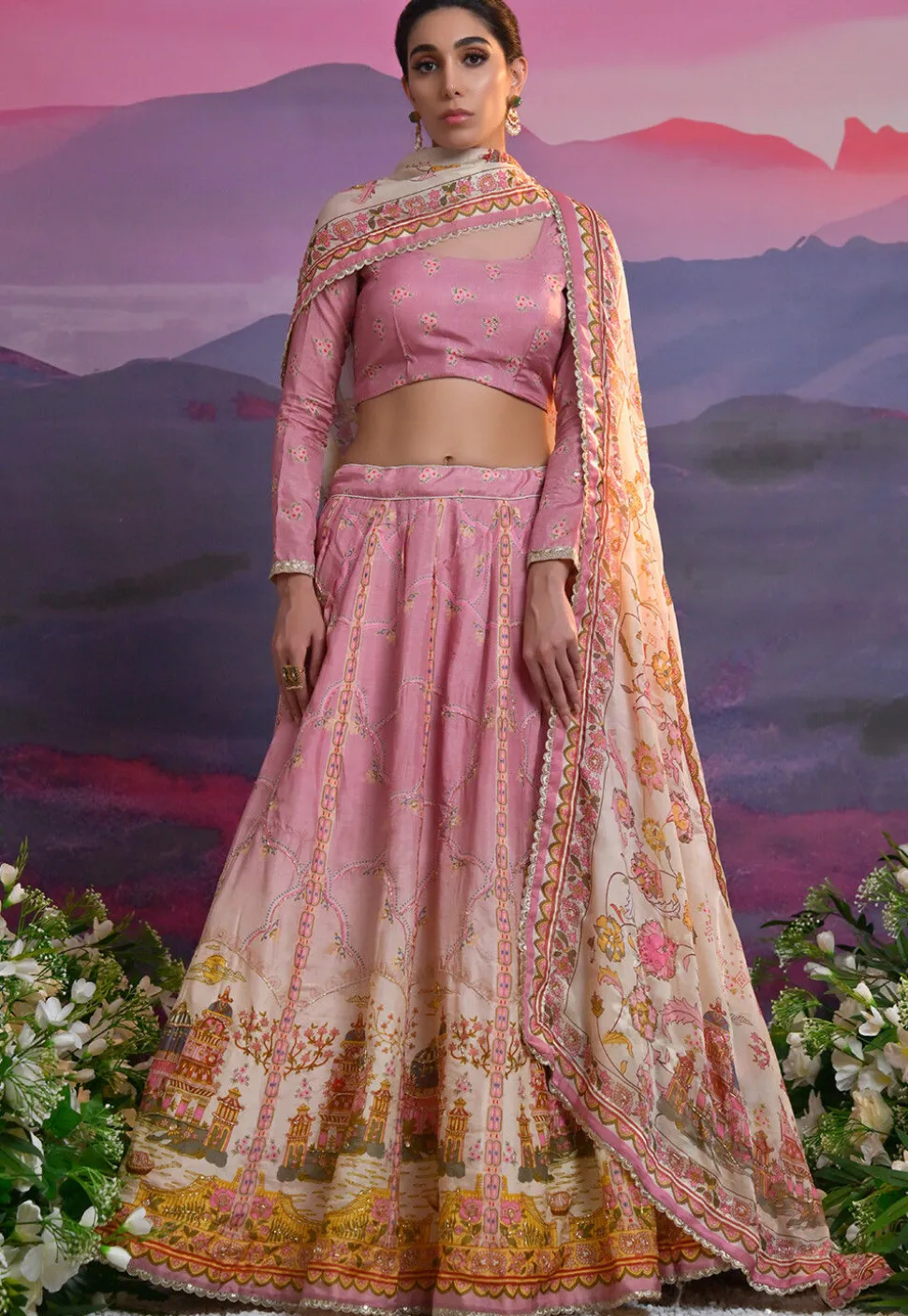 Digital Printed Viscose Silk Lehenga in Pink