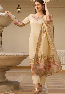 Digital Printed Viscose Silk Pakistani Suit in Cream