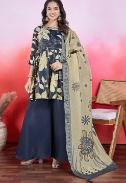 Digital Printed Viscose Silk Pakistani Suit in Navy Blue