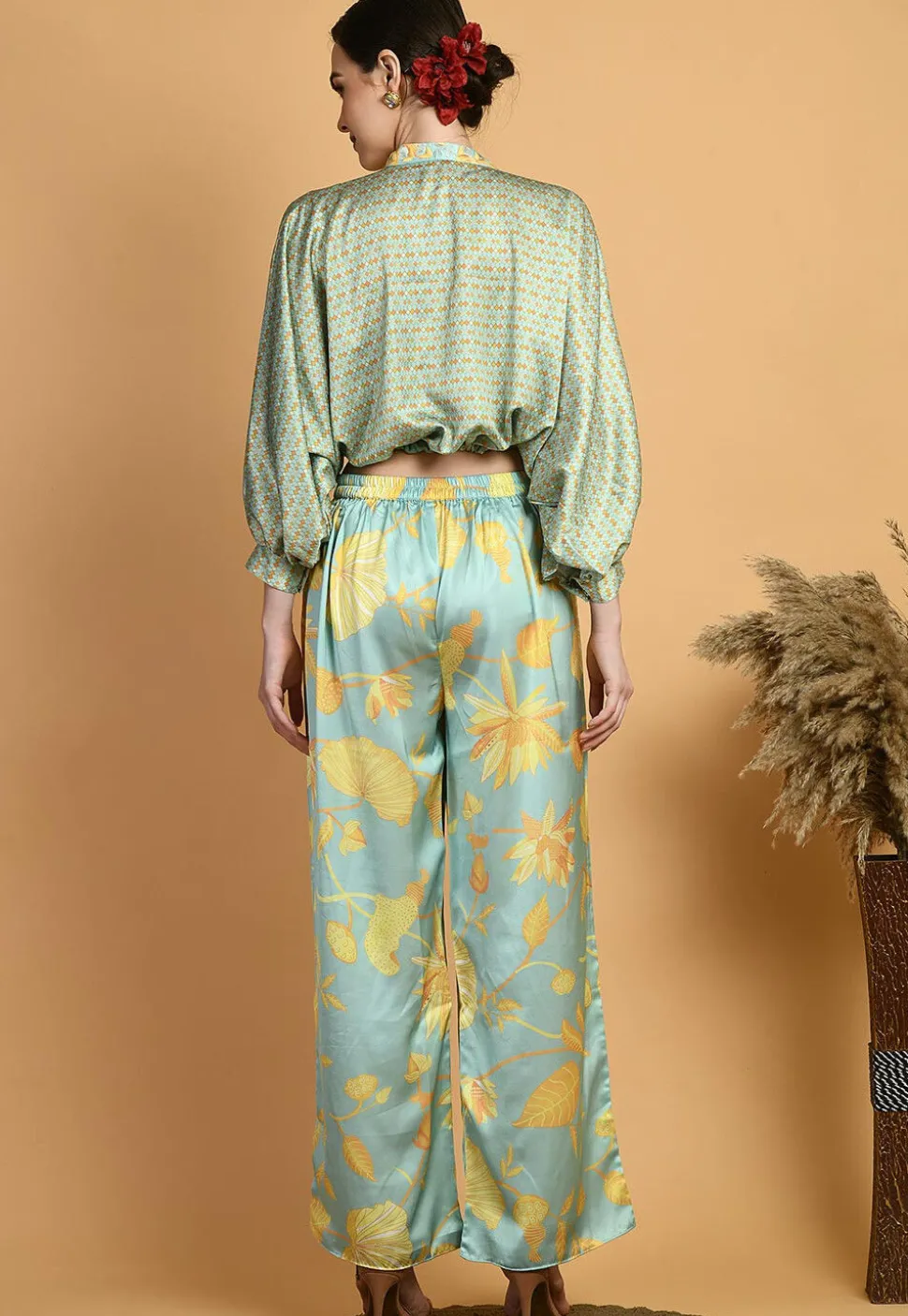 Digital Printed Viscose Silk Crop Top Set in Dusty Green