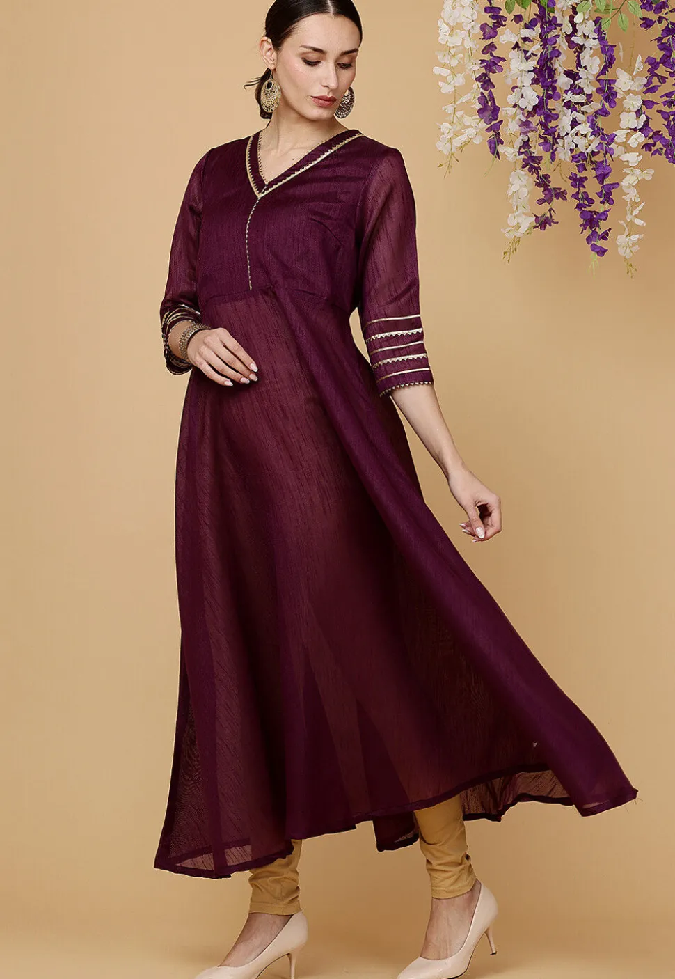 Embellished Art Silk A Line Kurta Set in Purple