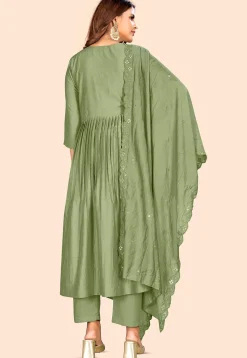 Embellished Art Silk A Line Suit in Dusty Green