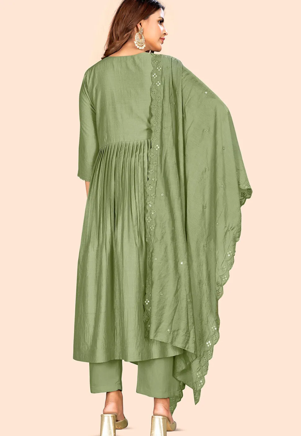 Embellished Art Silk A Line Suit in Dusty Green