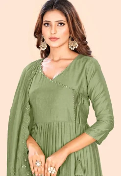 Embellished Art Silk A Line Suit in Dusty Green