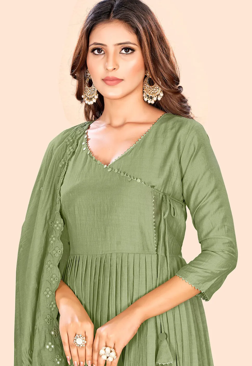 Embellished Art Silk A Line Suit in Dusty Green