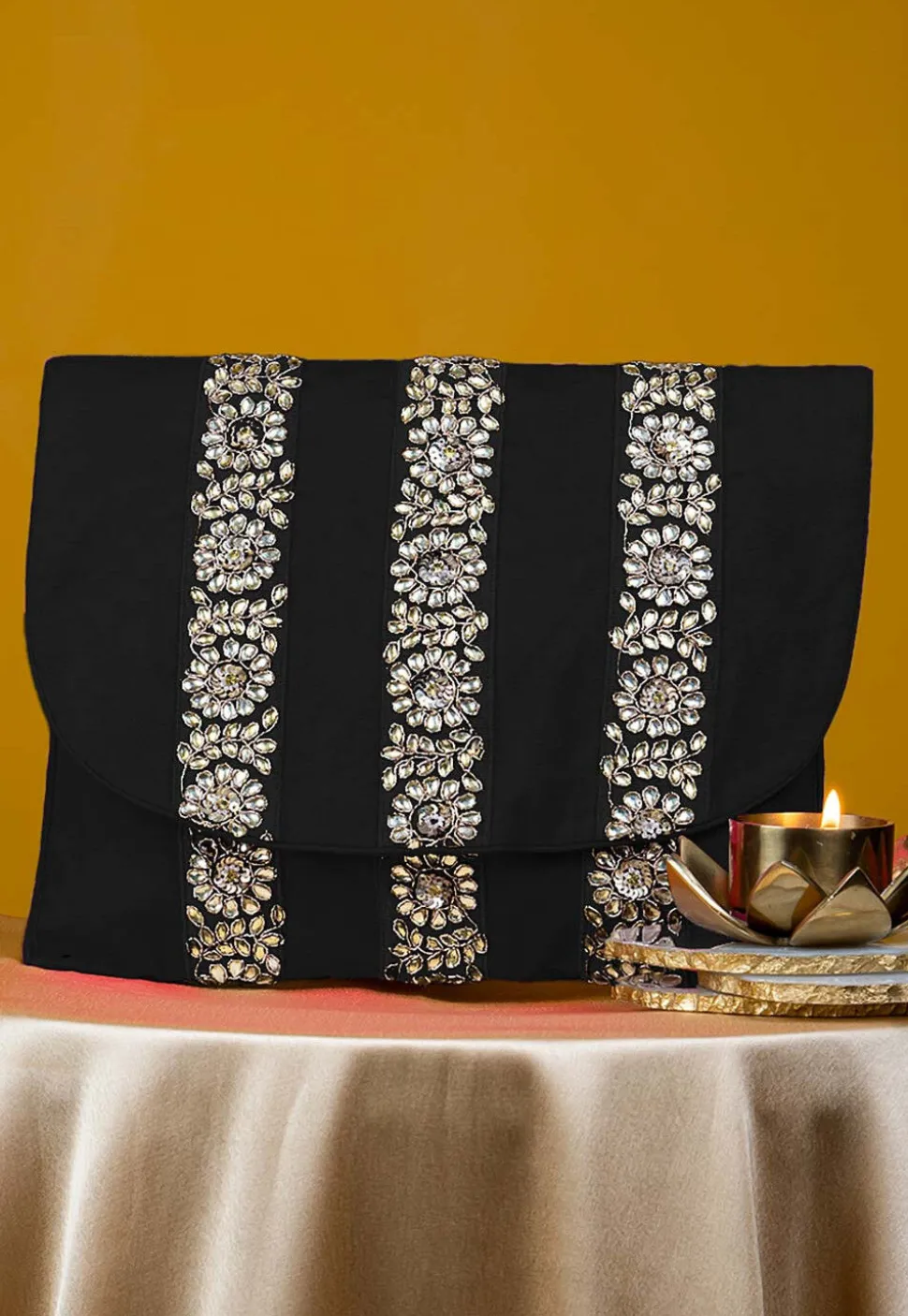 Embellished Art Silk Clutch Bag in Black