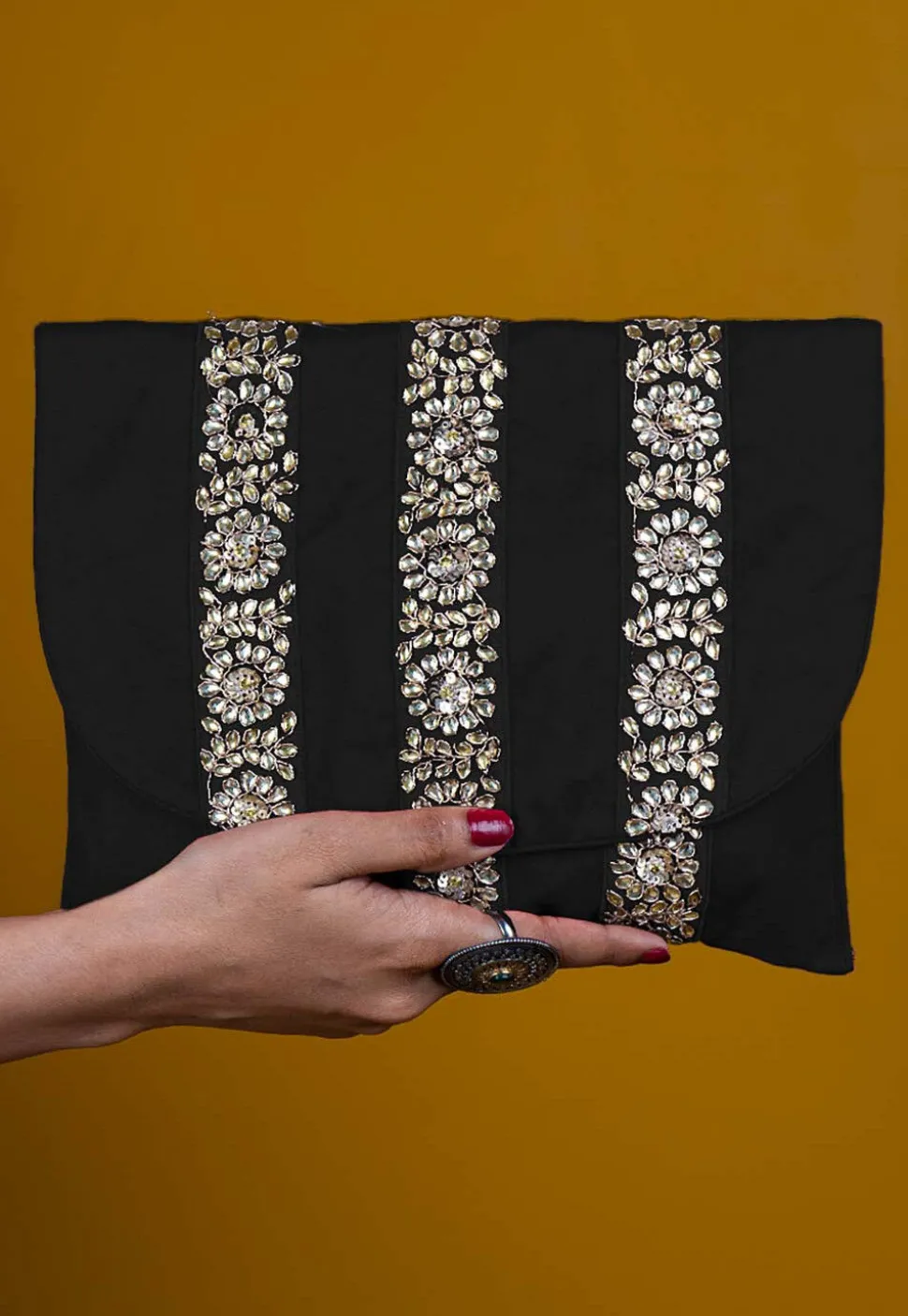 Embellished Art Silk Clutch Bag in Black