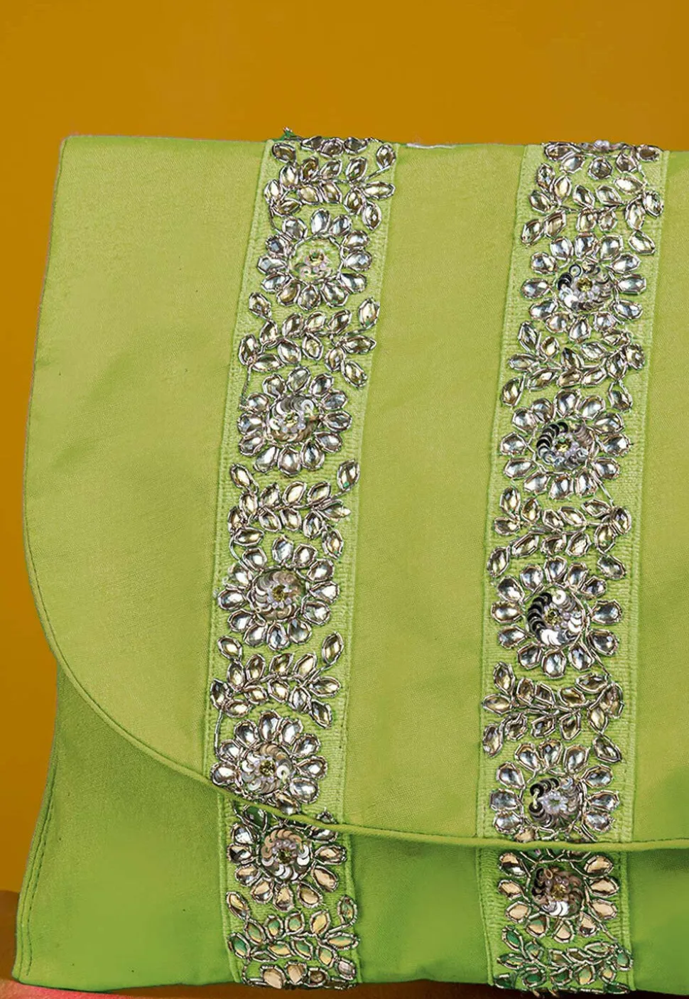 Embellished Art Silk Clutch Bag in Light Green