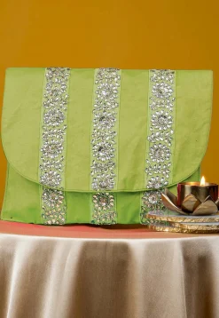 Embellished Art Silk Clutch Bag in Light Green