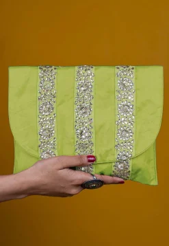 Embellished Art Silk Clutch Bag in Light Green