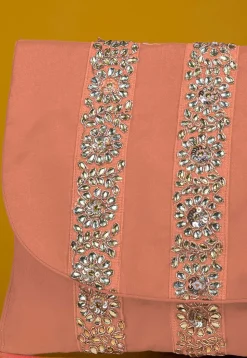 Embellished Art Silk Clutch Bag in Peach