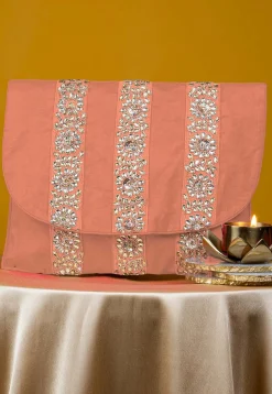 Embellished Art Silk Clutch Bag in Peach