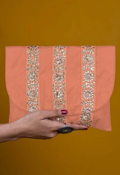 Embellished Art Silk Clutch Bag in Peach