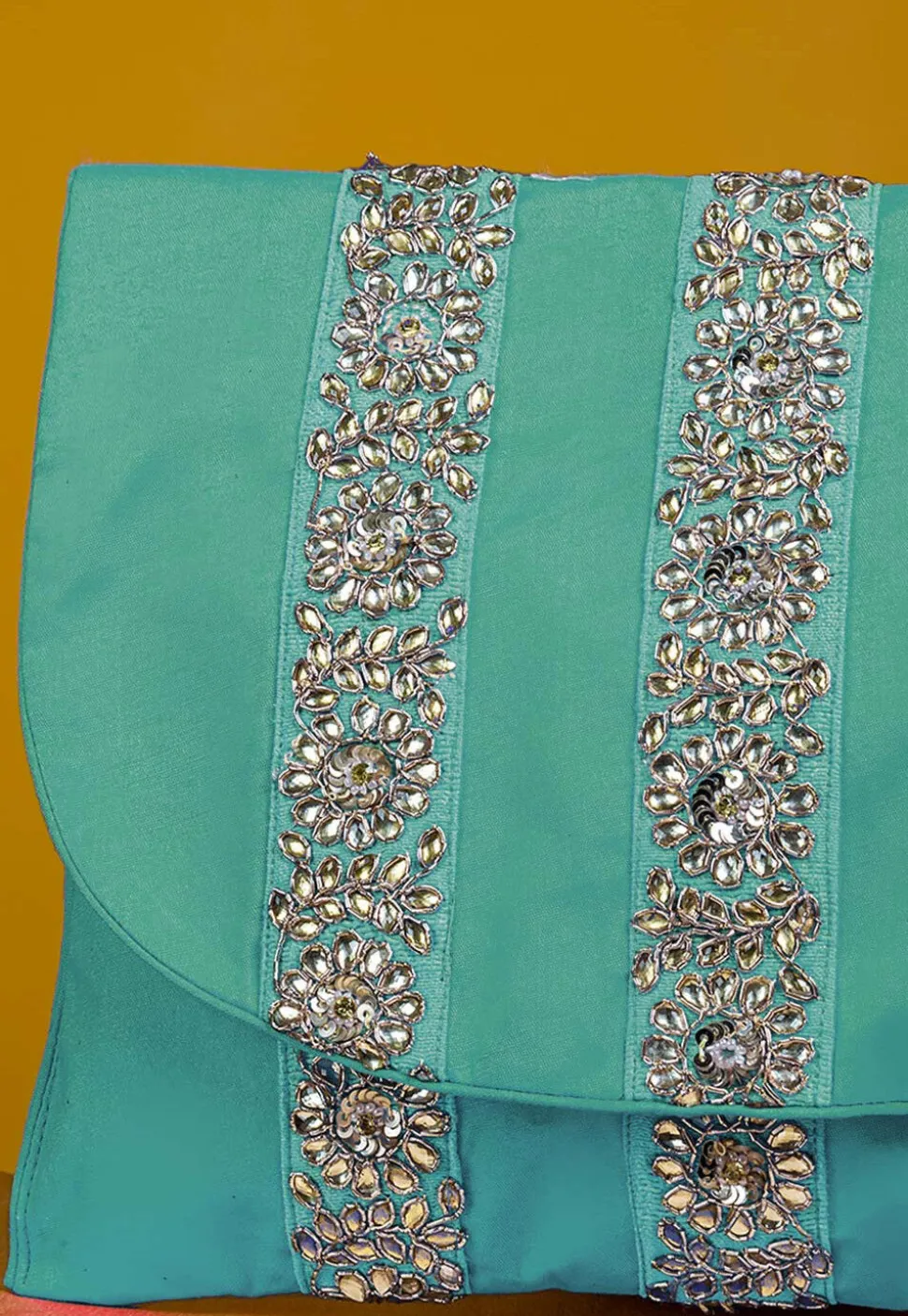Embellished Art Silk Clutch Bag in Pastel Blue