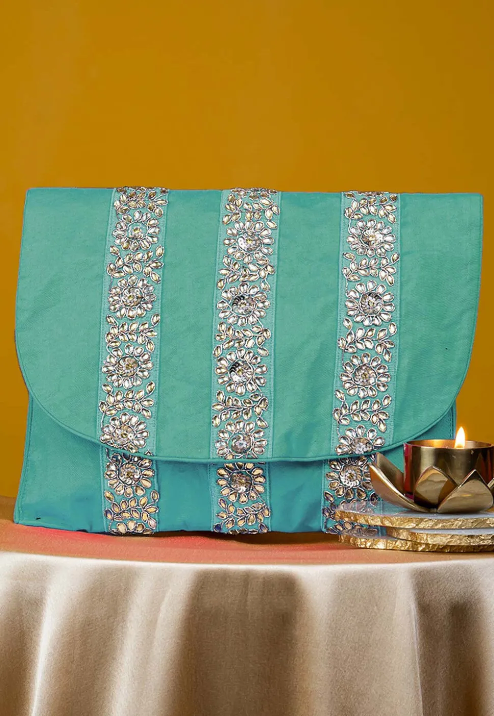Embellished Art Silk Clutch Bag in Pastel Blue