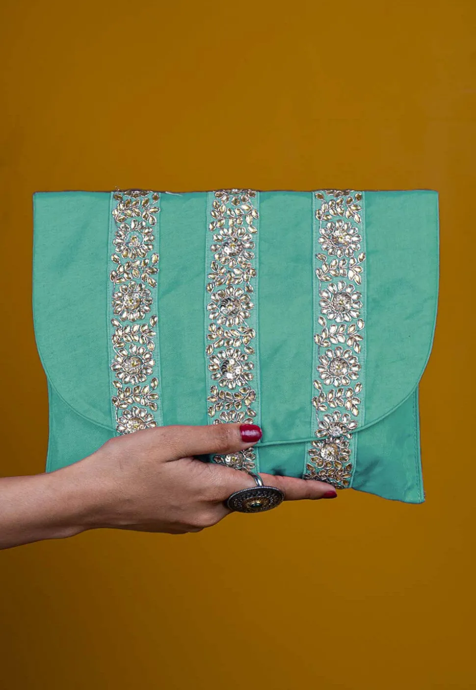 Embellished Art Silk Clutch Bag in Pastel Blue